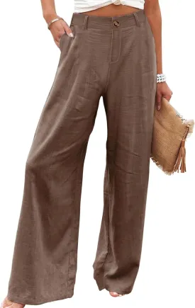 Himosyber Women's Casual Pants High Elastic Waisted Button Down Straight Long Trousers