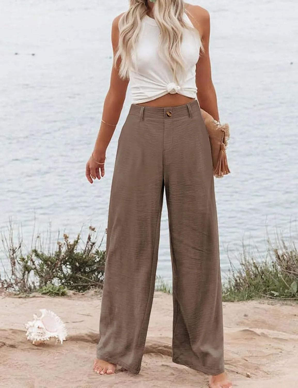 Himosyber Women's Casual Pants High Elastic Waisted Button Down Straight Long Trousers
