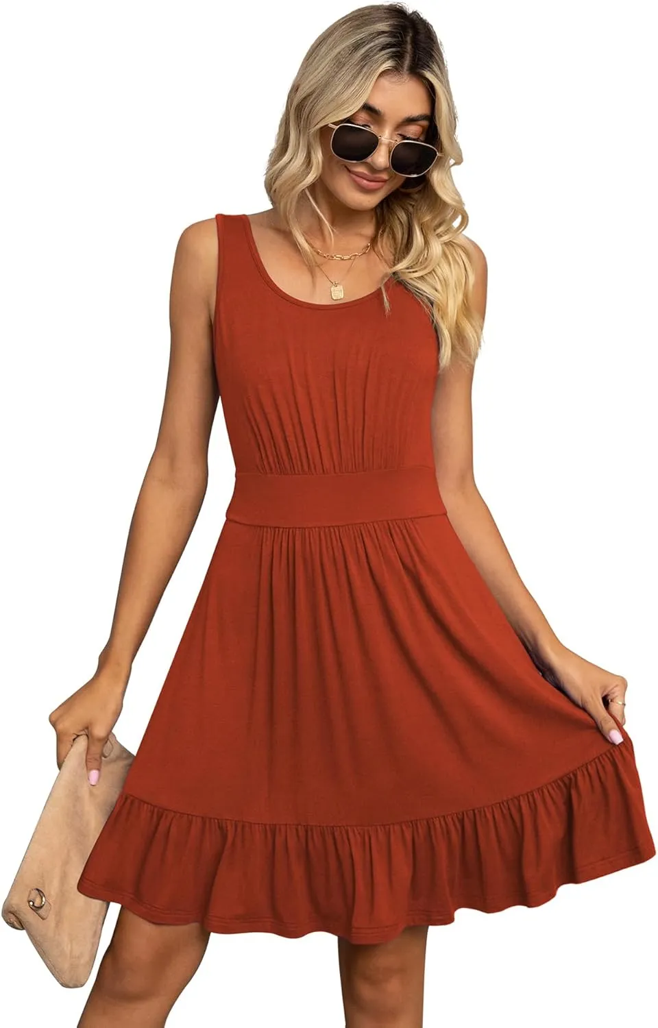 LILBETTER Women's Summer Casual U Neck Sundresses Pleated Knee Length Sleeveless Tank Dress