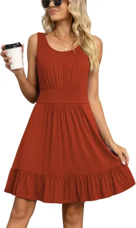 LILBETTER Women's Summer Casual U Neck Sundresses Pleated Knee Length Sleeveless Tank Dress