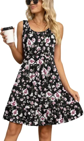 LILBETTER Women's Summer Casual U Neck Sundresses Pleated Knee Length Sleeveless Tank Dress
