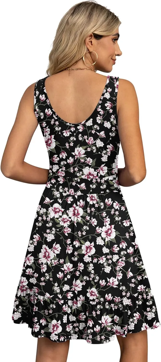LILBETTER Women's Summer Casual U Neck Sundresses Pleated Knee Length Sleeveless Tank Dress