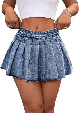 MakeMeChic Women's Pleated Denim Skirt Low Waist Raw Hem A Line Zipper Mini Jean Skirt
