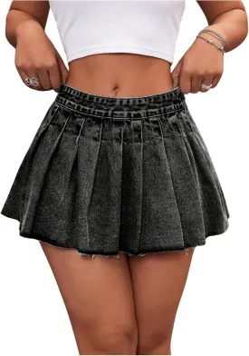 MakeMeChic Women's Pleated Denim Skirt Low Waist Raw Hem A Line Zipper Mini Jean Skirt