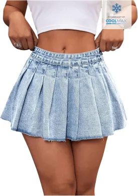 MakeMeChic Women's Pleated Denim Skirt Low Waist Raw Hem A Line Zipper Mini Jean Skirt