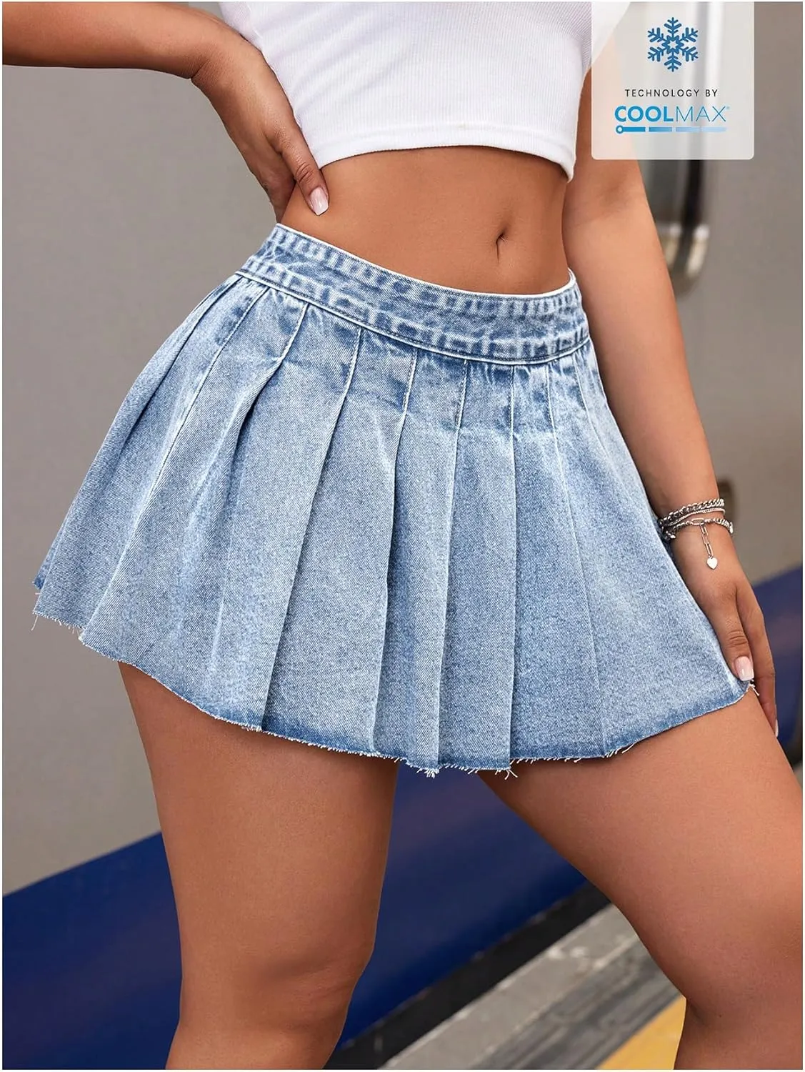 MakeMeChic Women's Pleated Denim Skirt Low Waist Raw Hem A Line Zipper Mini Jean Skirt
