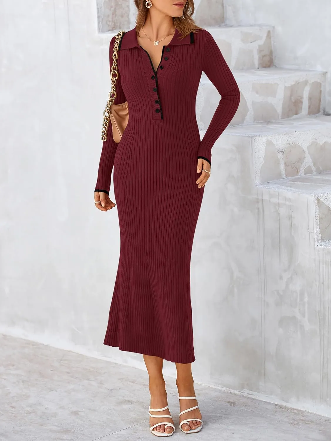 MASCOMODA Women Fall Long Sleeve V Neck Sweater Dress Casual Lapel Button Up Slim Fit Ribbed Knit Long Maxi Dresses