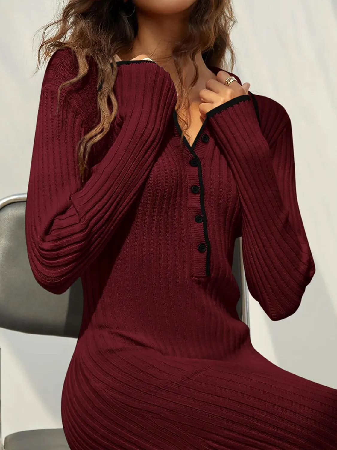 MASCOMODA Women Fall Long Sleeve V Neck Sweater Dress Casual Lapel Button Up Slim Fit Ribbed Knit Long Maxi Dresses