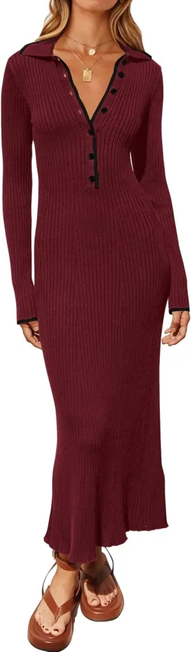 MASCOMODA Women Fall Long Sleeve V Neck Sweater Dress Casual Lapel Button Up Slim Fit Ribbed Knit Long Maxi Dresses