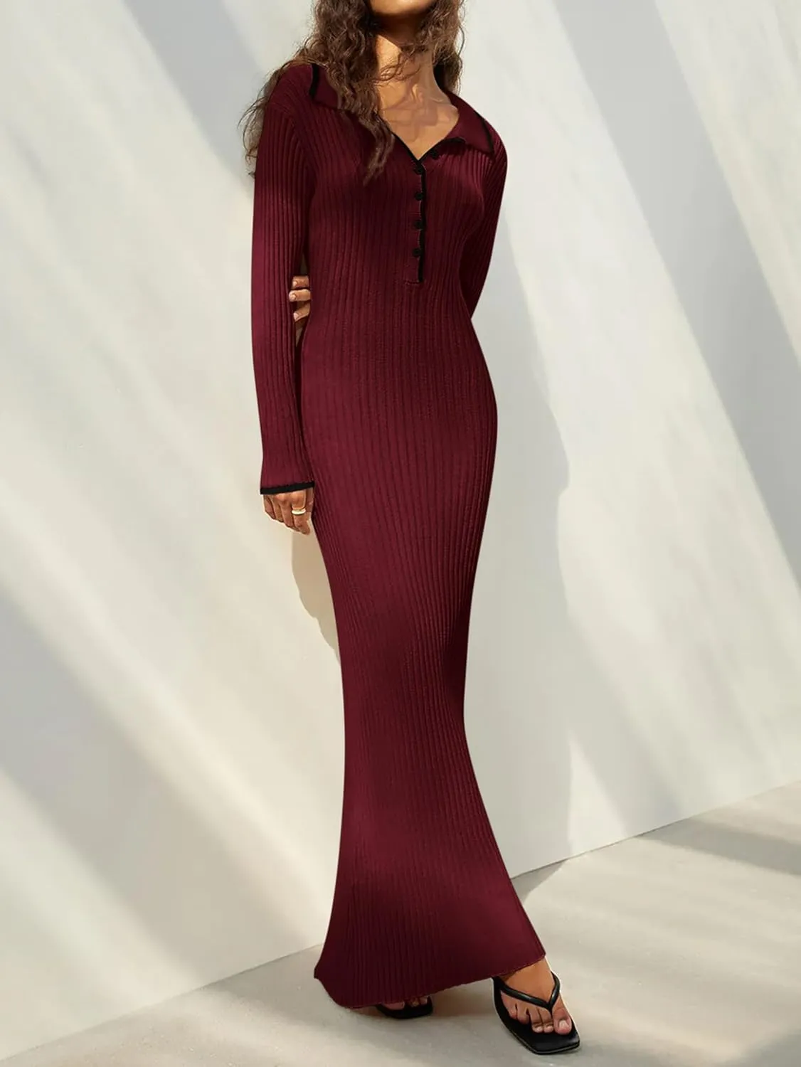 MASCOMODA Women Fall Long Sleeve V Neck Sweater Dress Casual Lapel Button Up Slim Fit Ribbed Knit Long Maxi Dresses