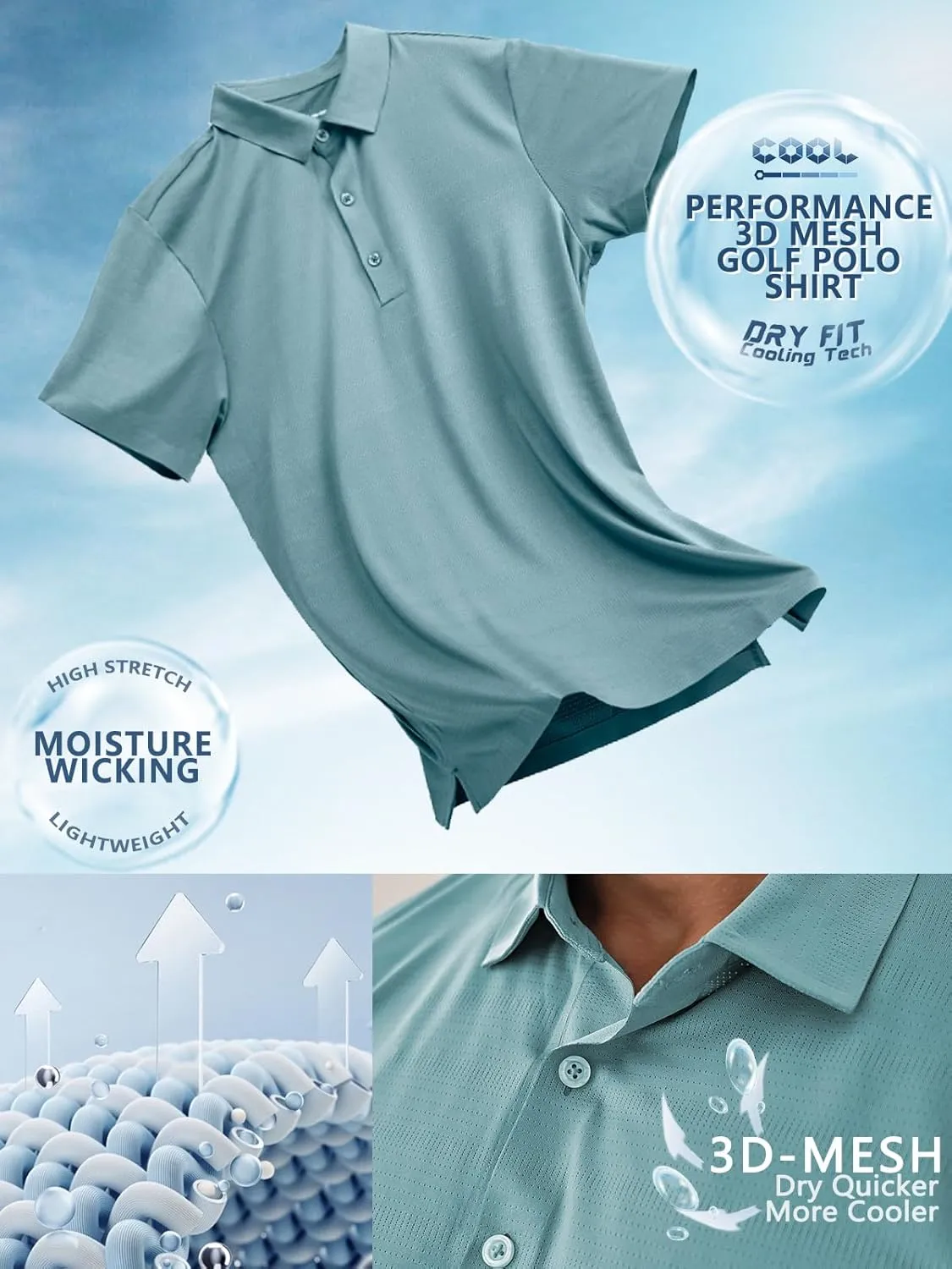 Mens Dry Fit Golf Shirt Performance Polo Short Sleeve Athletic Collared Mesh Shirt Moisture Wicking Seamless Tech