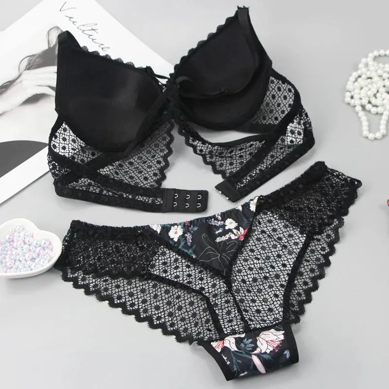 New Sexy G String Underwear For Women Embroidered Thong Hollow Out Lingerie Panties Bra Sets