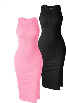 OQQ Women's 2 Piece Dress Sexy Ribbed Halter Neck Fashion Split Tank Tops Dresses