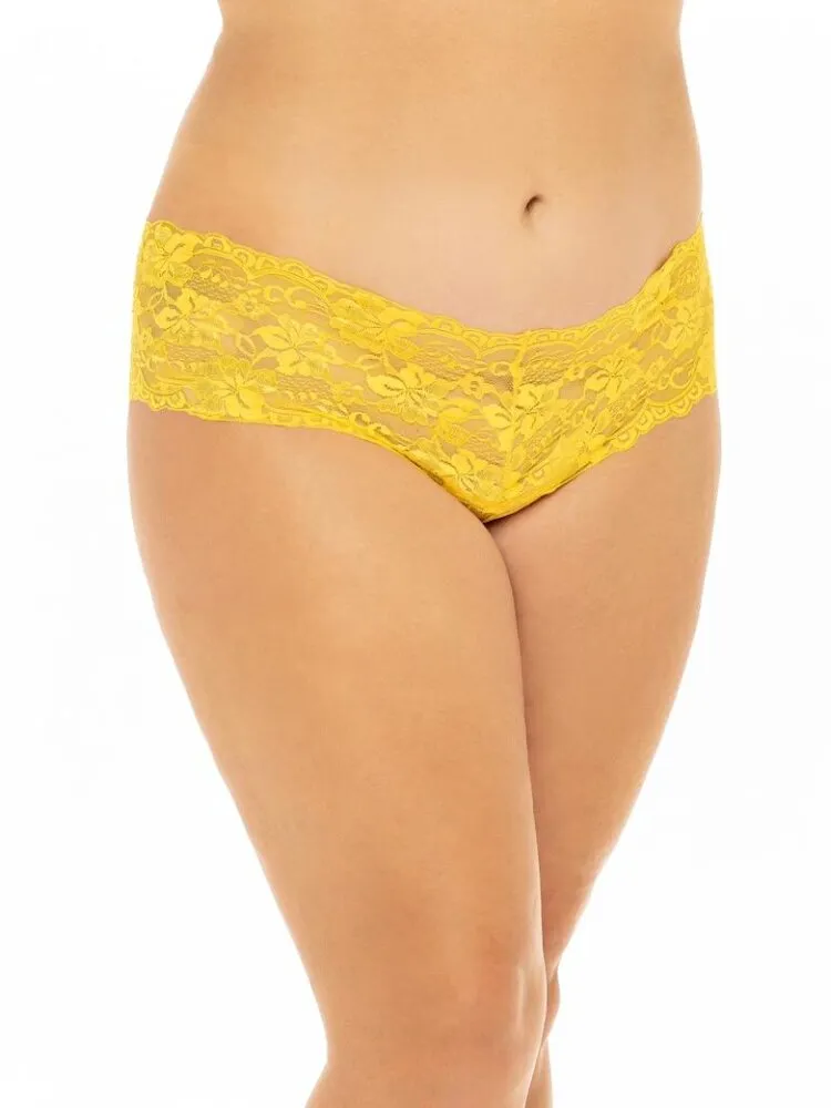 Plus Size Yellow Lace Crotchless Boyshort