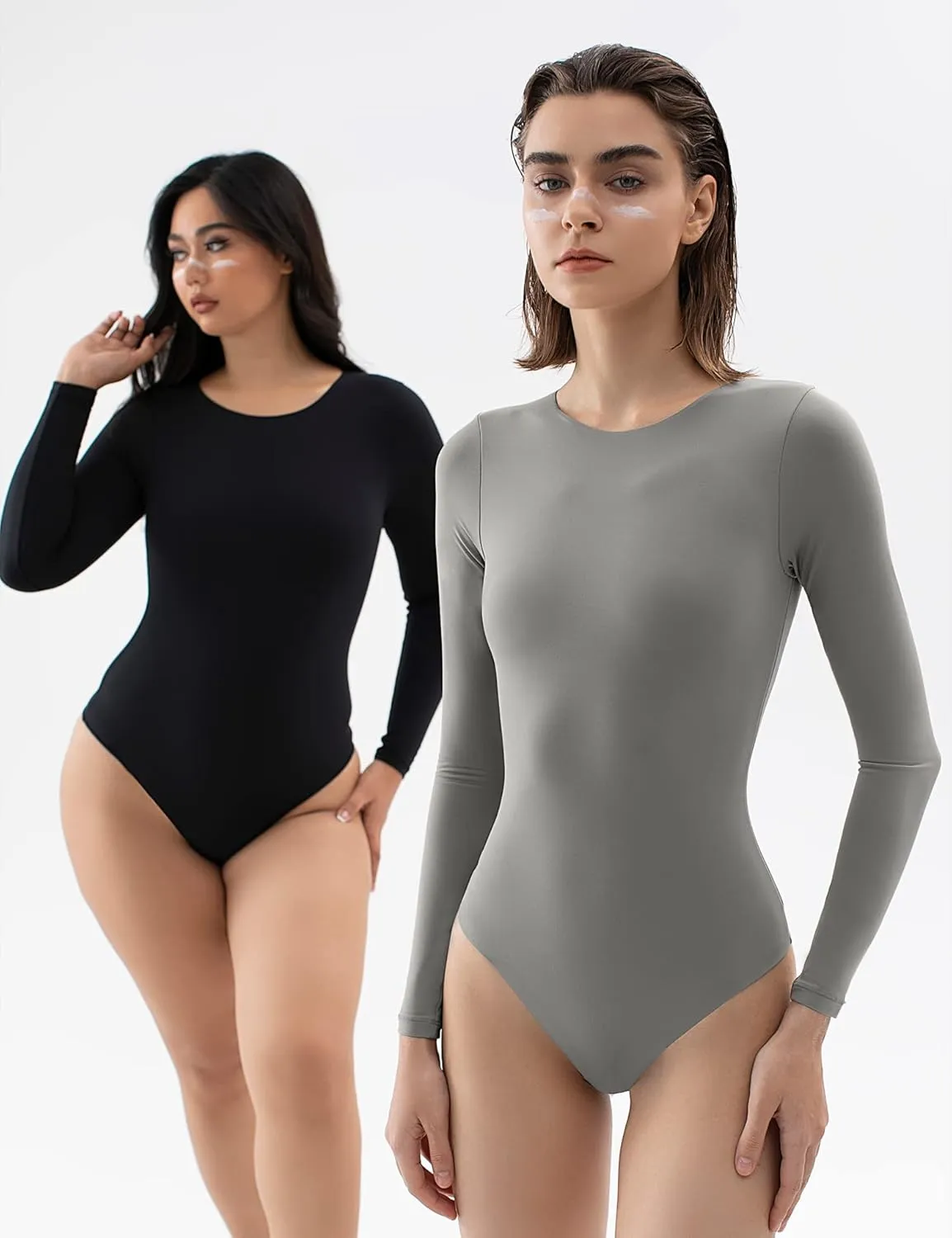 PUMIEY Women's Crew Neck Long Sleeve Bodysuit Second-skin Feel Tops Smoke Cloud Collection