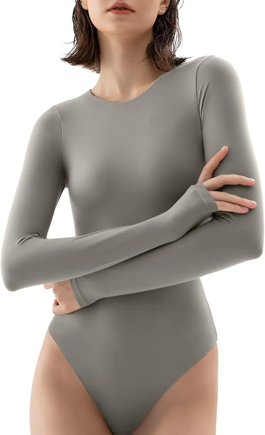PUMIEY Women's Crew Neck Long Sleeve Bodysuit Second-skin Feel Tops Smoke Cloud Collection