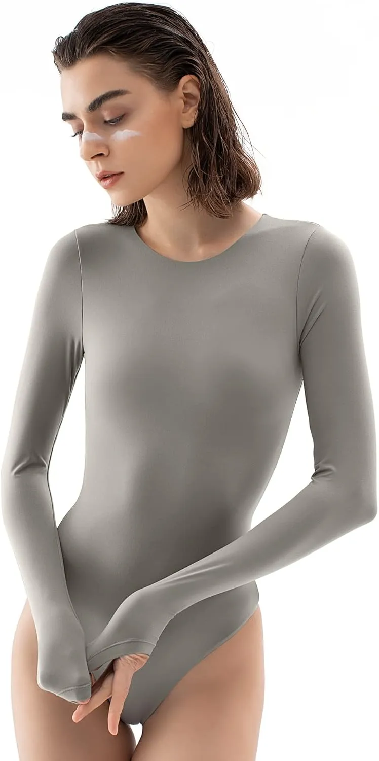 PUMIEY Women's Crew Neck Long Sleeve Bodysuit Second-skin Feel Tops Smoke Cloud Collection