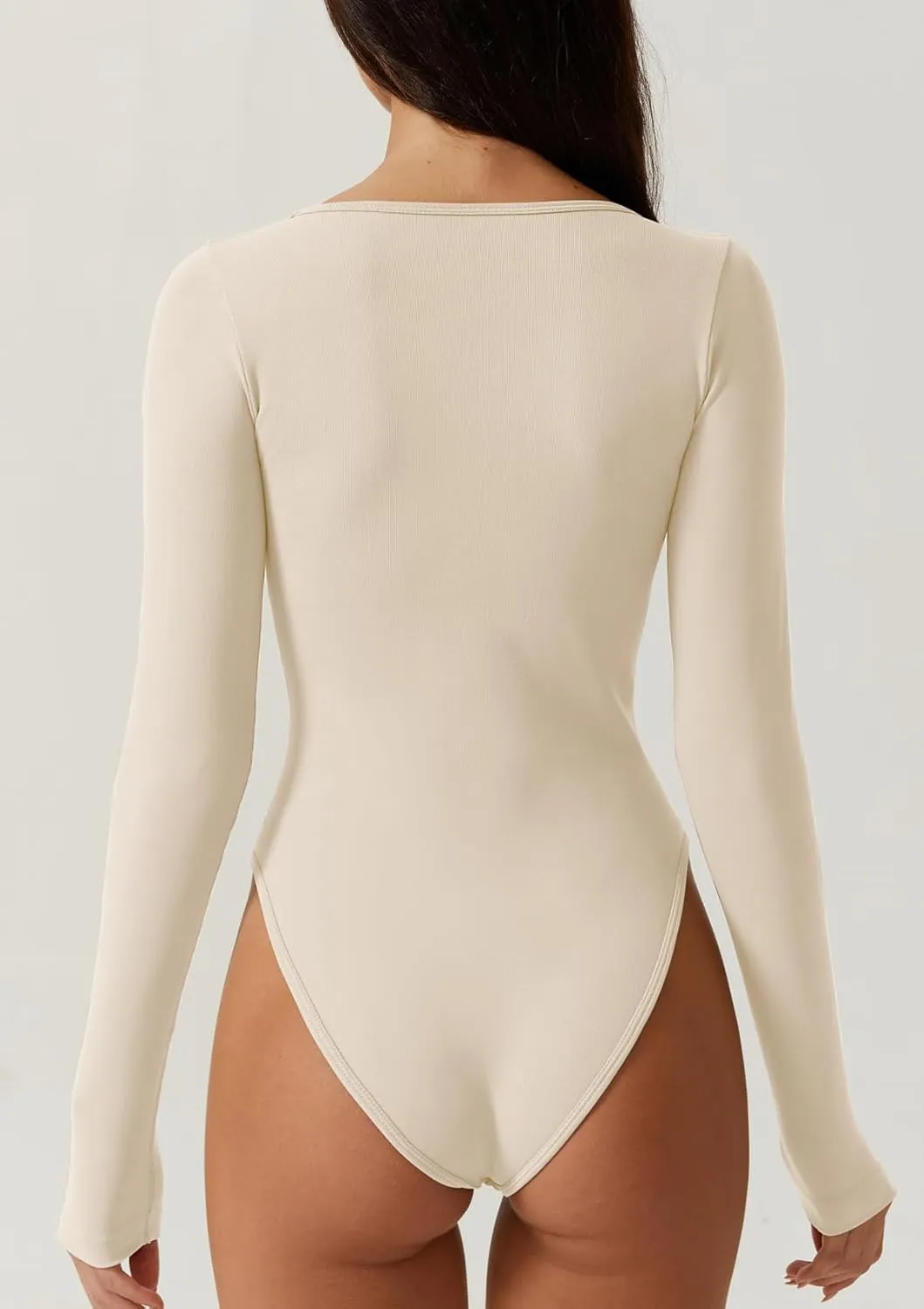 QINSEN Women's Seamless V Neck Seamed Cup Long SLeeve Bodysuit Top Stretch Unitard
