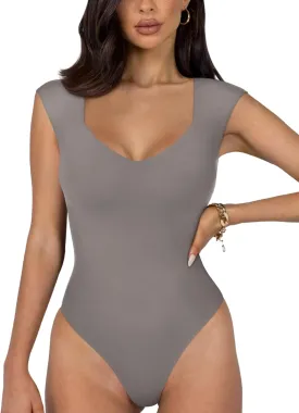 REORIA Butsmooth Women's Trendy Sexy Casual V Neck Double Lined Sleeveless Slimming Going Out Tank Top Bodysuits