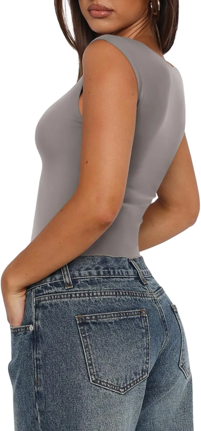 REORIA Butsmooth Women's Trendy Sexy Casual V Neck Double Lined Sleeveless Slimming Going Out Tank Top Bodysuits