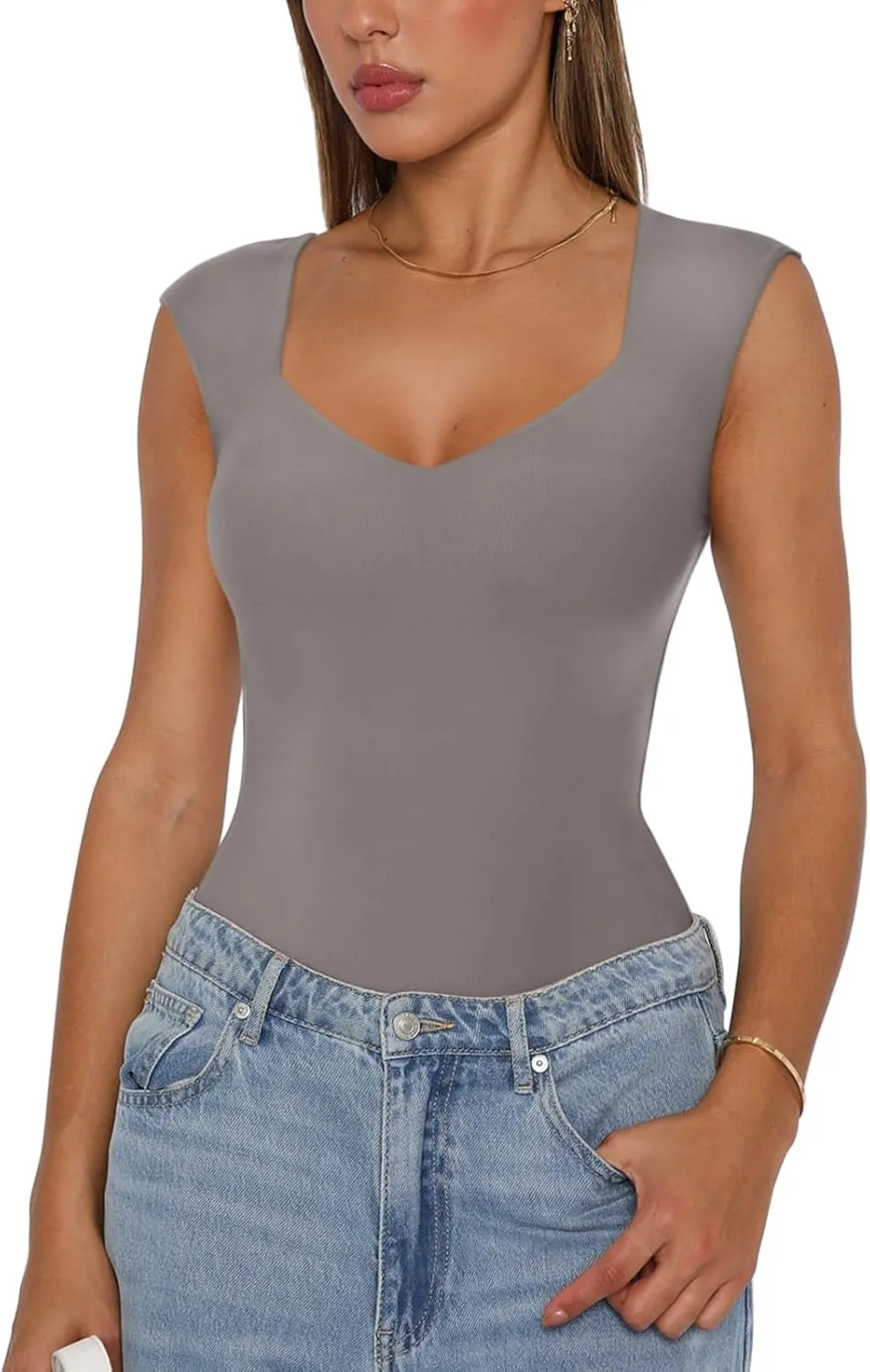 REORIA Butsmooth Women's Trendy Sexy Casual V Neck Double Lined Sleeveless Slimming Going Out Tank Top Bodysuits