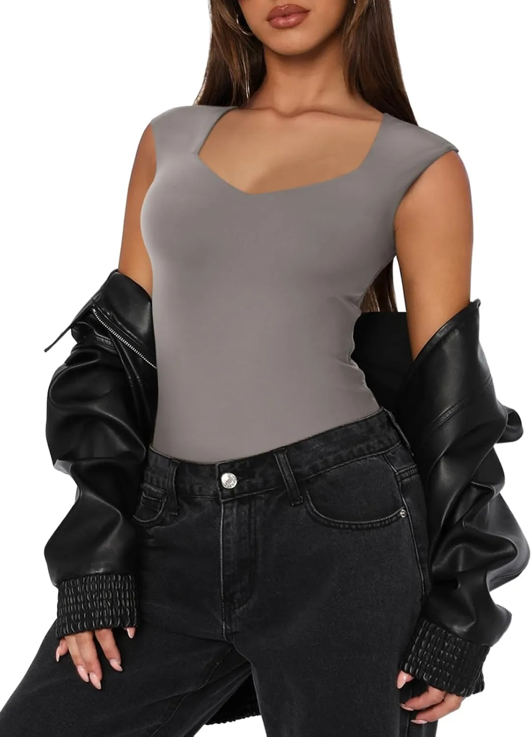 REORIA Butsmooth Women's Trendy Sexy Casual V Neck Double Lined Sleeveless Slimming Going Out Tank Top Bodysuits