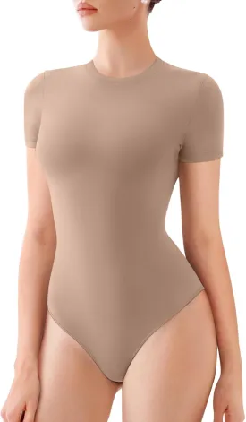 REORIA Womens Crew Neck Short Sleeve Thong Bodysuits Double Lined Comfy Slim T Shirt Tops