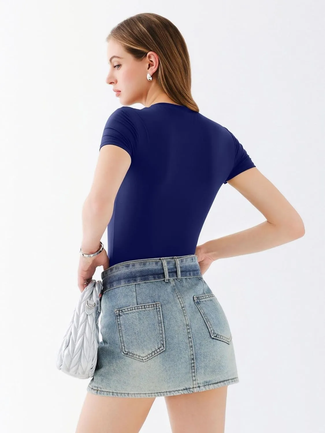 REORIA Womens Crew Neck Short Sleeve Thong Bodysuits Double Lined Comfy Slim T Shirt Tops