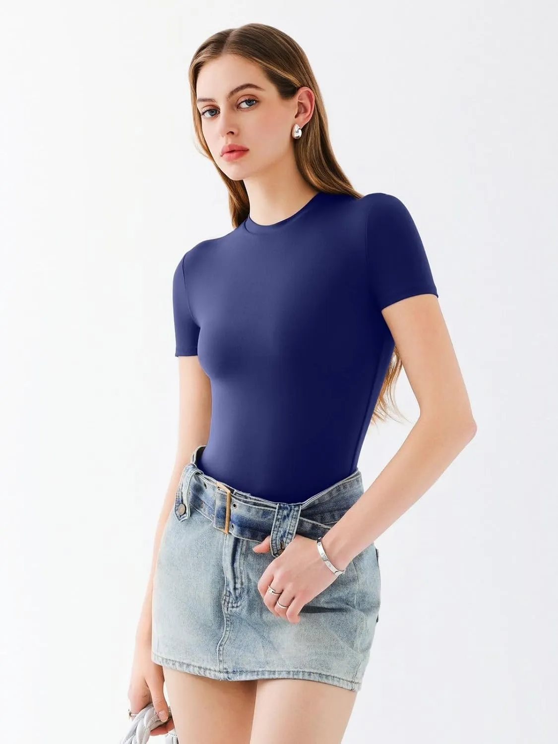 REORIA Womens Crew Neck Short Sleeve Thong Bodysuits Double Lined Comfy Slim T Shirt Tops