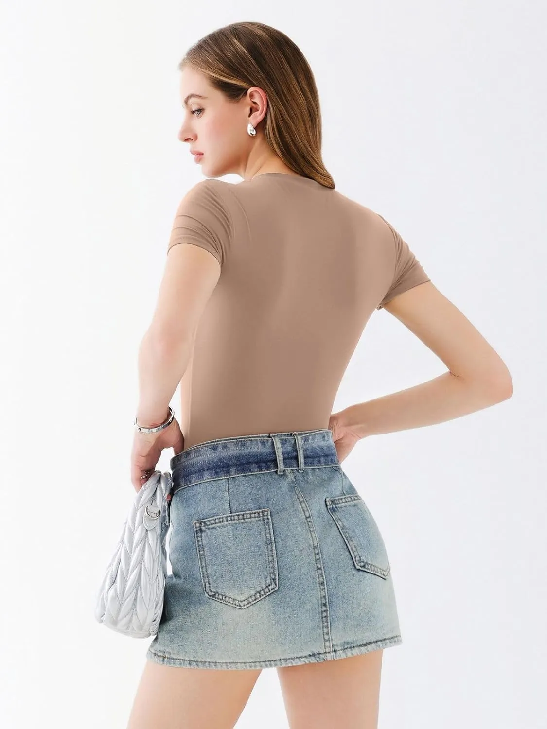 REORIA Womens Crew Neck Short Sleeve Thong Bodysuits Double Lined Comfy Slim T Shirt Tops