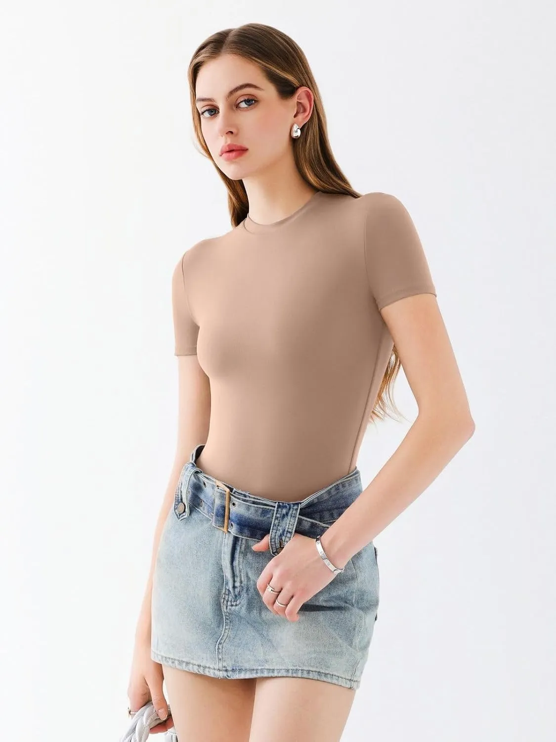 REORIA Womens Crew Neck Short Sleeve Thong Bodysuits Double Lined Comfy Slim T Shirt Tops