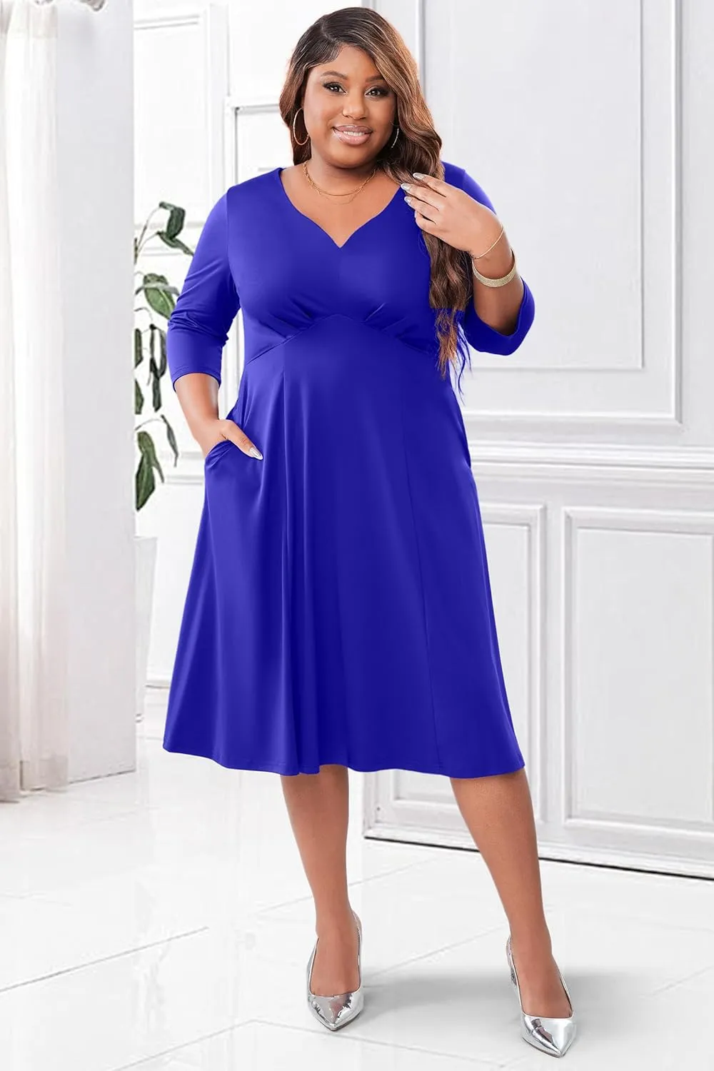 Runwind Plus Size Midi Dress for Women Cocktail Casual Church 3/4 Sleeve V Neck Work A-Line Dresses with Pockets
