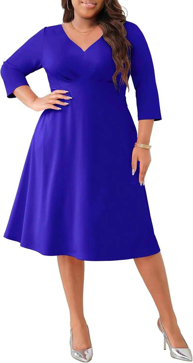 Runwind Plus Size Midi Dress for Women Cocktail Casual Church 3/4 Sleeve V Neck Work A-Line Dresses with Pockets