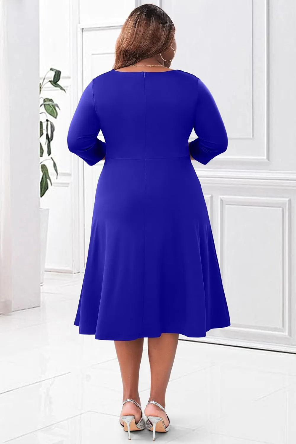 Runwind Plus Size Midi Dress for Women Cocktail Casual Church 3/4 Sleeve V Neck Work A-Line Dresses with Pockets