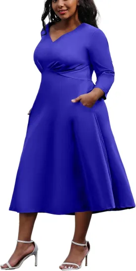 Runwind Plus Size Midi Dress for Women Cocktail Casual Church 3/4 Sleeve V Neck Work A-Line Dresses with Pockets