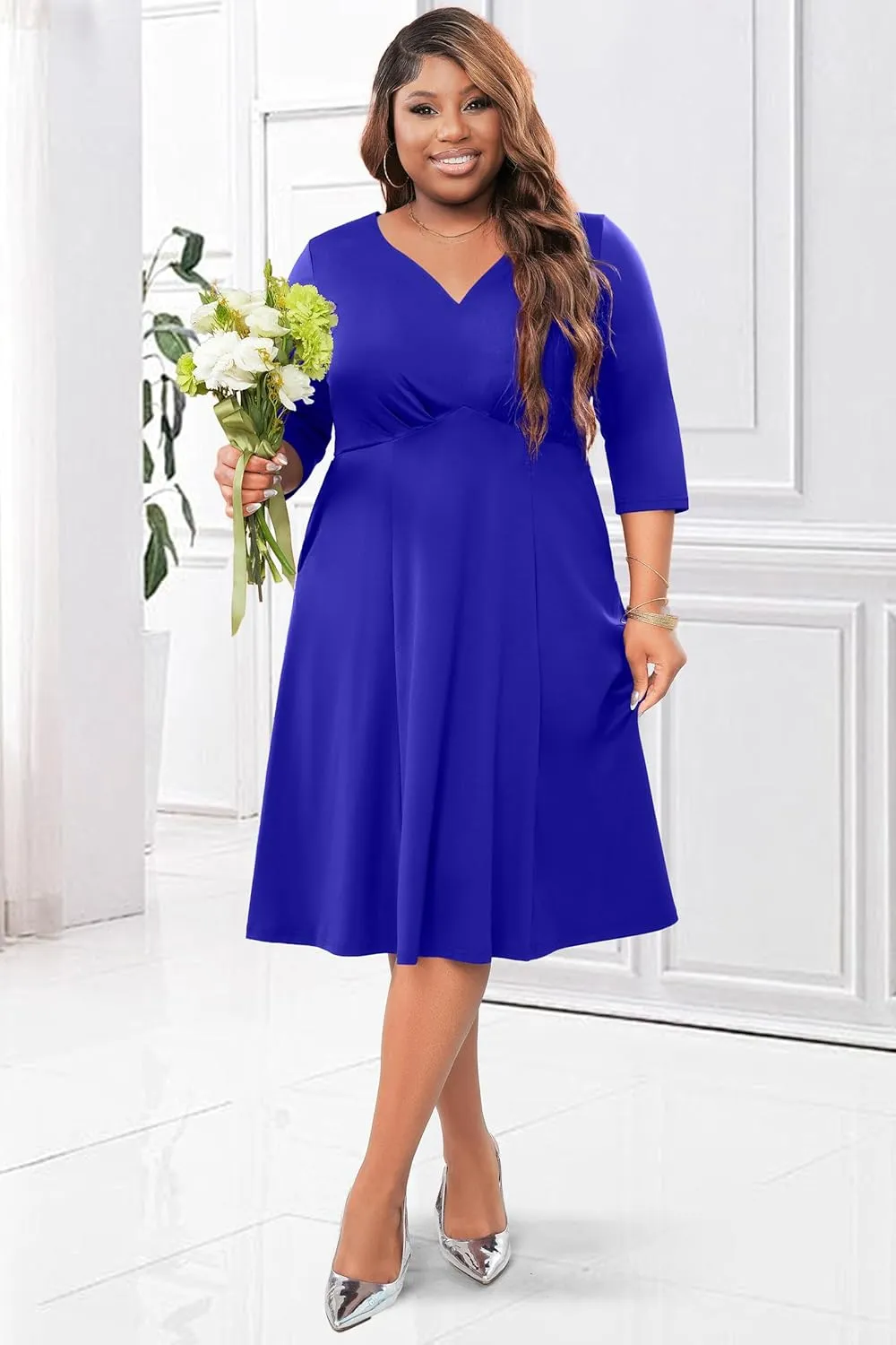 Runwind Plus Size Midi Dress for Women Cocktail Casual Church 3/4 Sleeve V Neck Work A-Line Dresses with Pockets
