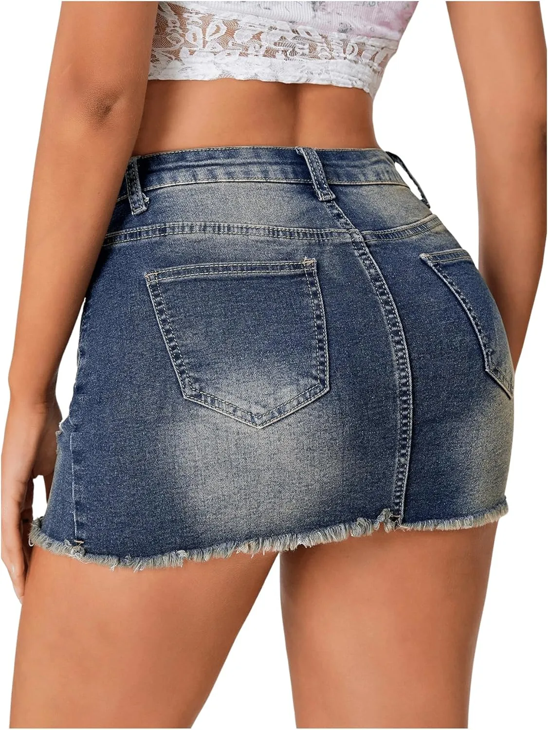 SHENHE Women's Casual Ripped Jean Skirt Low Waist Raw Hem Mini Denim Skirts