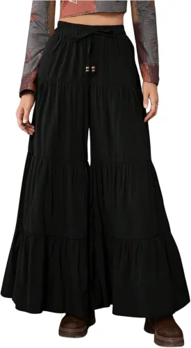 SHENHE Women's Tiered Ruffle Hem Wide Leg Pants Elastic Waist Flowy Palazzo Boho Pants
