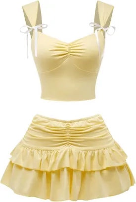 SHENHE Women's Y2k Sets 2 Piece Outfits Low Rise Ruched Ruffle Mini Skirt and Crop Tank Top Set