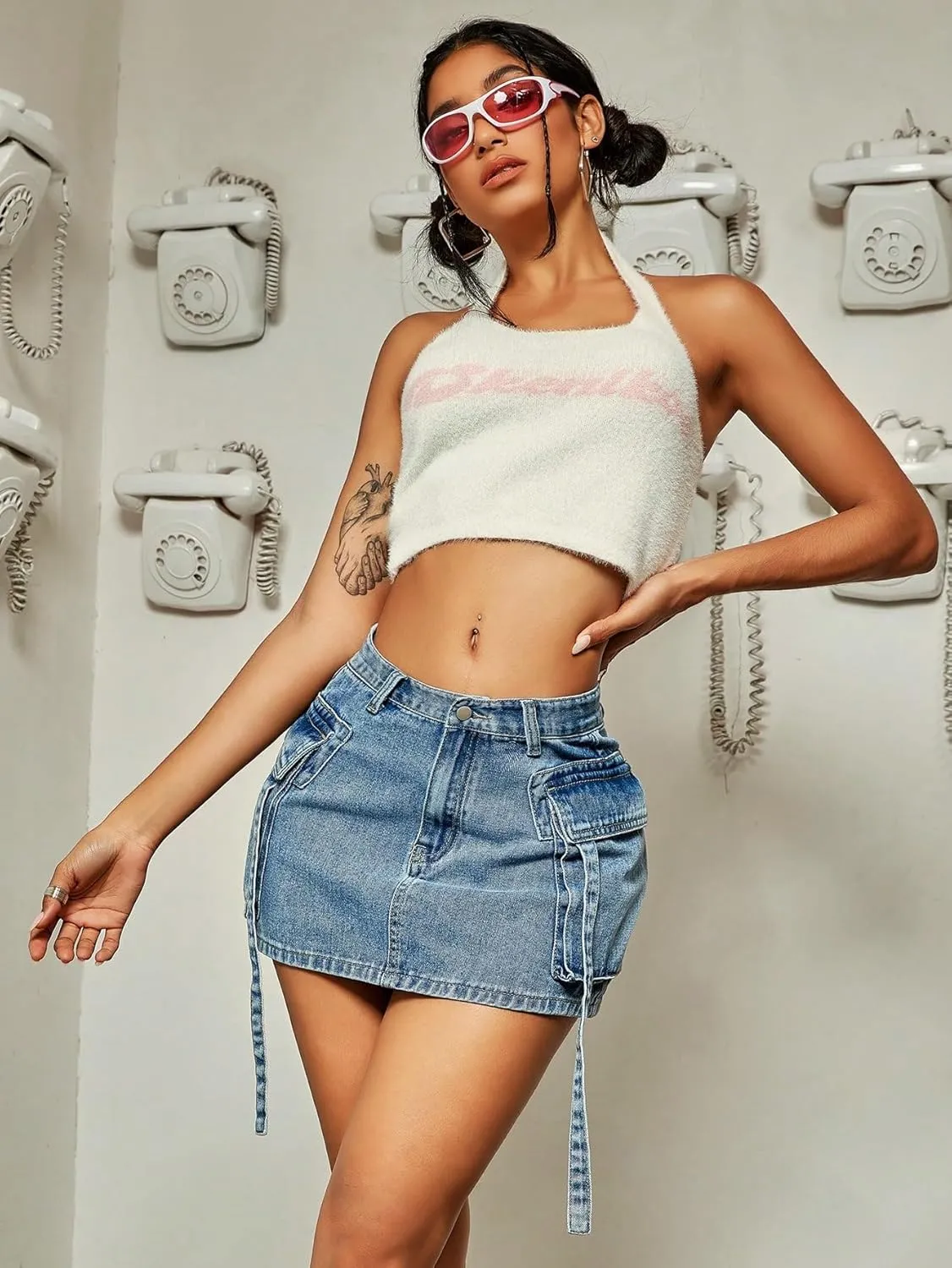Verdusa Women's Casual Street Low Waist Tape Denim Cargo Mini Skirt with Flap Pocket