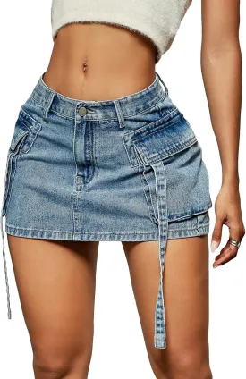 Verdusa Women's Casual Street Low Waist Tape Denim Cargo Mini Skirt with Flap Pocket