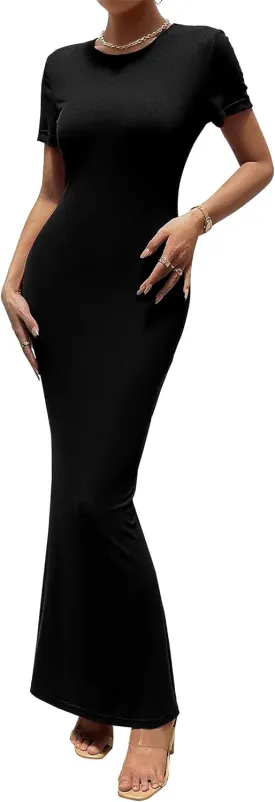 VintageClothing Women's Summer Bodycon Maxi Dress Casual Short Sleeve Y2k Sexy Tight Long Dresses Lounge Ribbed Tshirt Dress