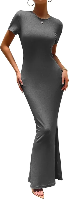 VintageClothing Women's Summer Bodycon Maxi Dress Casual Short Sleeve Y2k Sexy Tight Long Dresses Lounge Ribbed Tshirt Dress