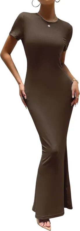 VintageClothing Women's Summer Bodycon Maxi Dress Casual Short Sleeve Y2k Sexy Tight Long Dresses Lounge Ribbed Tshirt Dress
