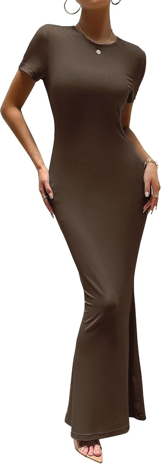VintageClothing Women's Summer Bodycon Maxi Dress Casual Short Sleeve Y2k Sexy Tight Long Dresses Lounge Ribbed Tshirt Dress
