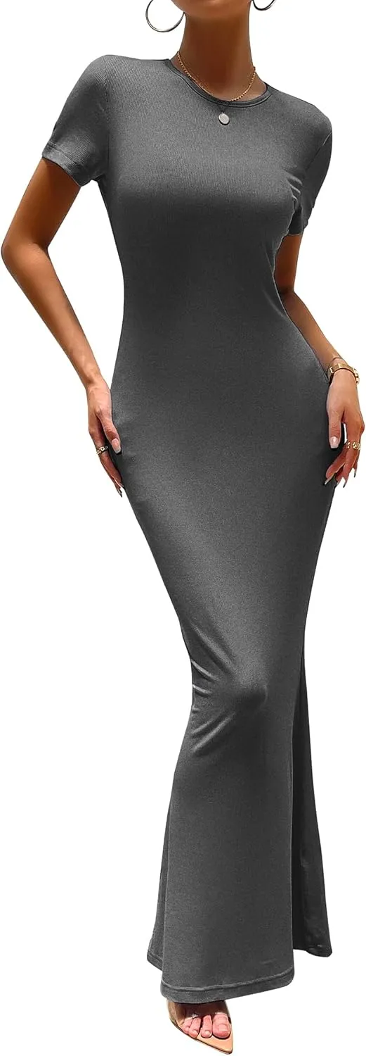 VintageClothing Women's Summer Bodycon Maxi Dress Casual Short Sleeve Y2k Sexy Tight Long Dresses Lounge Ribbed Tshirt Dress