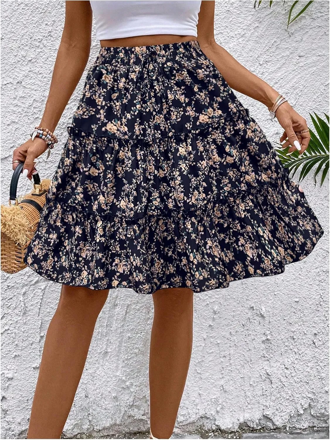 WDIRARA Women's Floral Print Ruffle Hem Elastic High Waist Tie Front Skirt