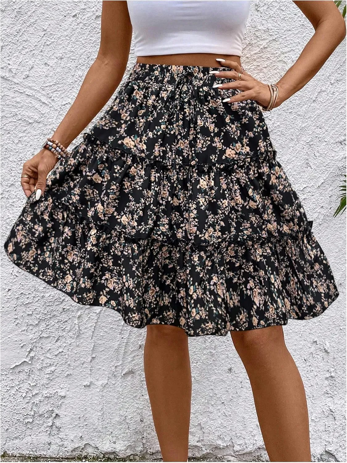 WDIRARA Women's Floral Print Ruffle Hem Elastic High Waist Tie Front Skirt