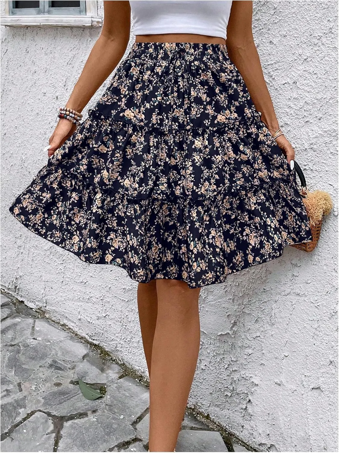 WDIRARA Women's Floral Print Ruffle Hem Elastic High Waist Tie Front Skirt
