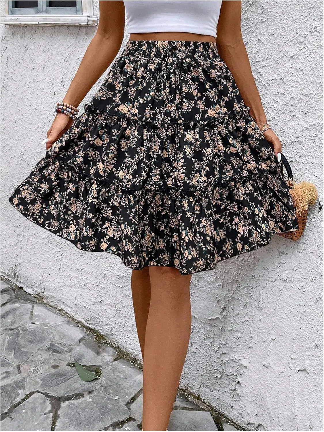 WDIRARA Women's Floral Print Ruffle Hem Elastic High Waist Tie Front Skirt